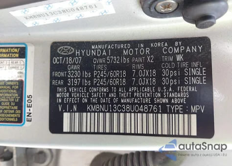 2008 Hyundai Veracruz Gls/Limited/Se z USA, uszkodzony, nr VIN KM8NU13C38U048761